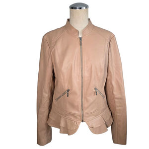 Guess Los Angeles Faux Leather Moto Jacket Womens M Tan Ruffle Hem Zip Front